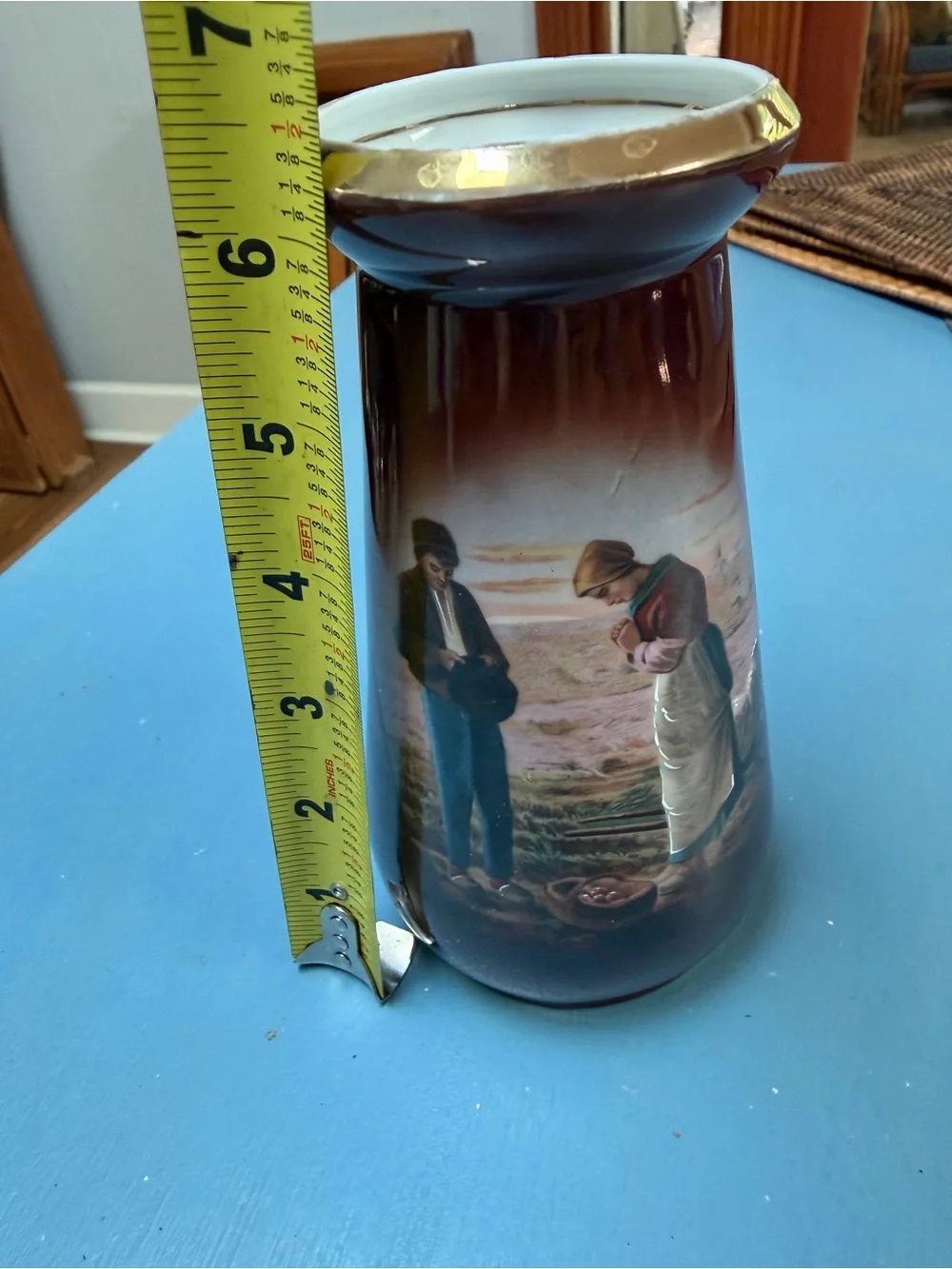 Antique Bavarian Vase - Painted Ceramic Vase in Deep Brown with Gold Rim